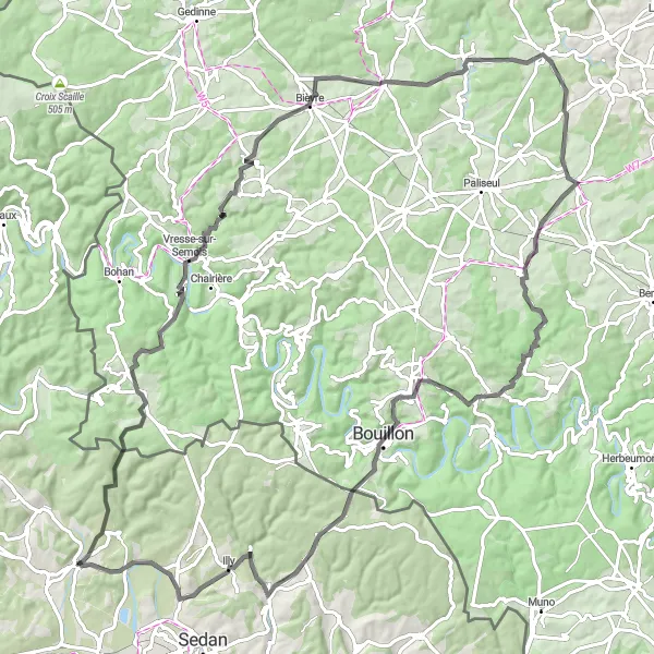 Miniature de la carte de l'inspiration cycliste "Parcours bucolique et historique" dans la Champagne-Ardenne, France. Générée par le planificateur d'itinéraire cycliste Tarmacs.app