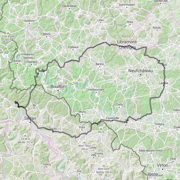 Miniature de la carte de l'inspiration cycliste "La boucle de la Meuse" dans la Champagne-Ardenne, France. Générée par le planificateur d'itinéraire cycliste Tarmacs.app