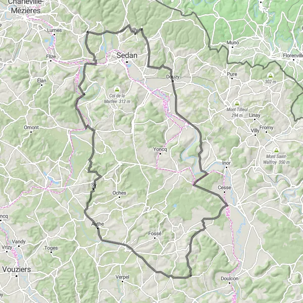 Miniature de la carte de l'inspiration cycliste "La Meuse Historique" dans la Champagne-Ardenne, France. Générée par le planificateur d'itinéraire cycliste Tarmacs.app