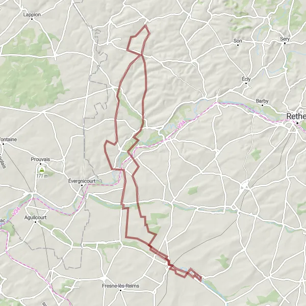 Map miniature of "Suippe Valley Gravel Challenge" cycling inspiration in Champagne-Ardenne, France. Generated by Tarmacs.app cycling route planner