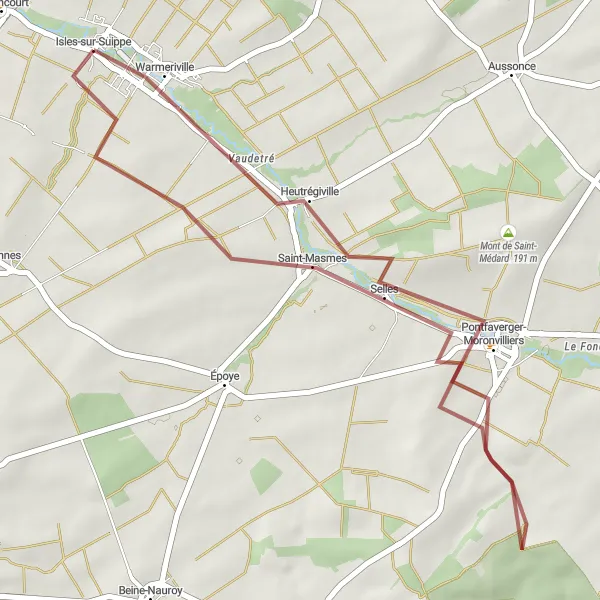 Miniature de la carte de l'inspiration cycliste "Boucle des Coteaux de Champagne" dans la Champagne-Ardenne, France. Générée par le planificateur d'itinéraire cycliste Tarmacs.app