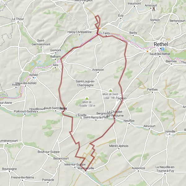 Map miniature of "Roizy Gravel Loop" cycling inspiration in Champagne-Ardenne, France. Generated by Tarmacs.app cycling route planner