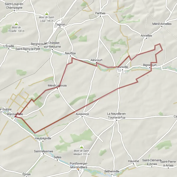 Miniature de la carte de l'inspiration cycliste "Parcours de l'Argonne" dans la Champagne-Ardenne, France. Générée par le planificateur d'itinéraire cycliste Tarmacs.app