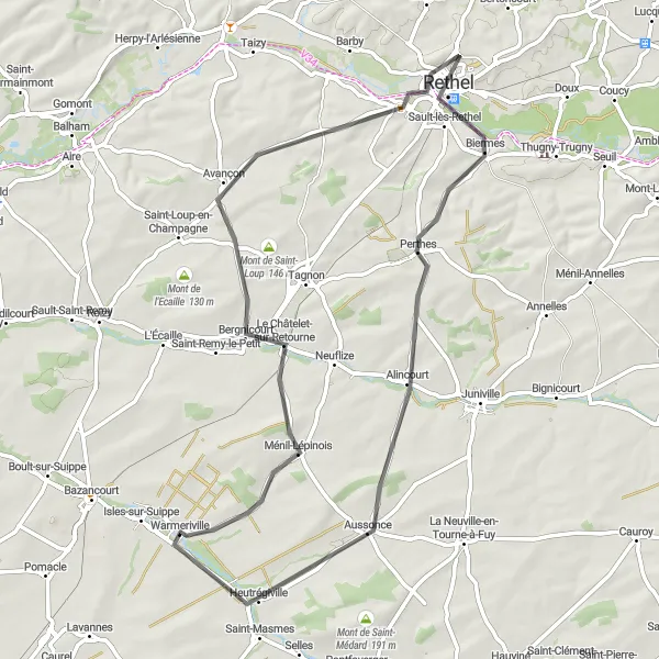 Map miniature of "Bergnicourt Loop" cycling inspiration in Champagne-Ardenne, France. Generated by Tarmacs.app cycling route planner