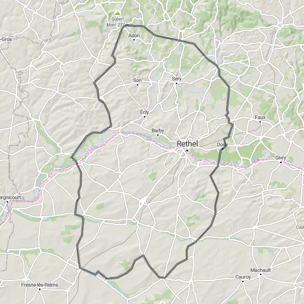 Miniature de la carte de l'inspiration cycliste "Circuit des Montagnes de Champagne" dans la Champagne-Ardenne, France. Générée par le planificateur d'itinéraire cycliste Tarmacs.app