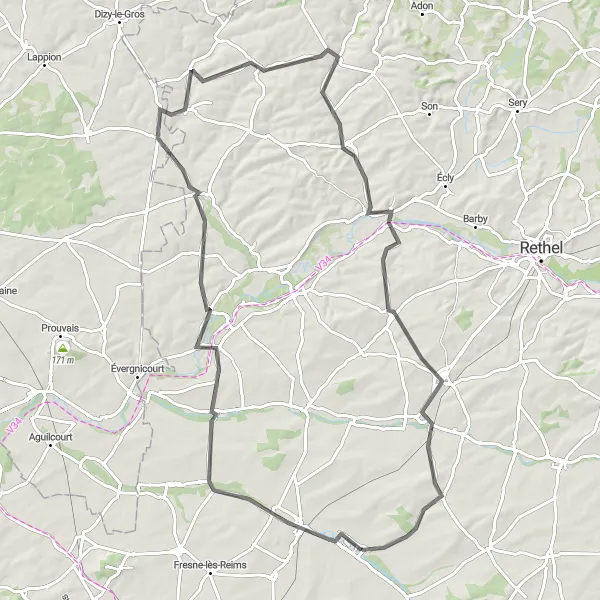 Map miniature of "The Mont de Saint-Loup Loop" cycling inspiration in Champagne-Ardenne, France. Generated by Tarmacs.app cycling route planner