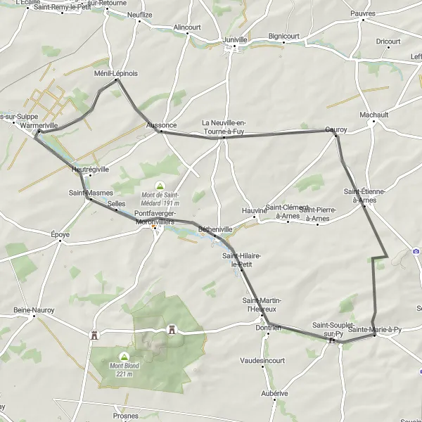 Map miniature of "The Saint-Masmes Loop" cycling inspiration in Champagne-Ardenne, France. Generated by Tarmacs.app cycling route planner