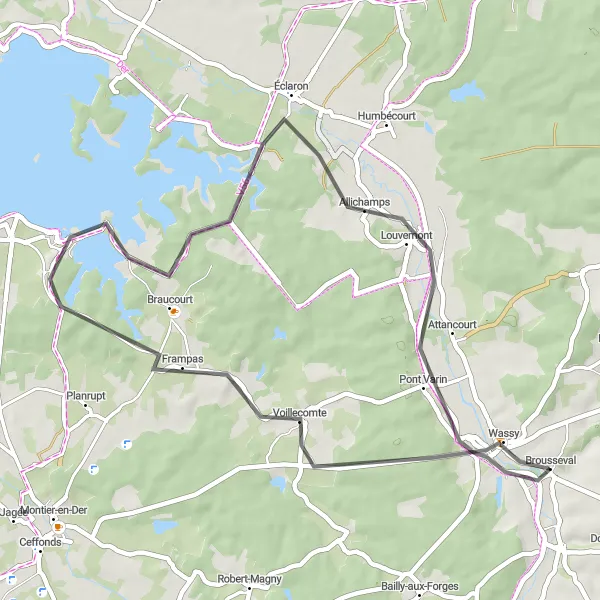 Miniature de la carte de l'inspiration cycliste "Boucle de 46 km de Wassy à Louvemont" dans la Champagne-Ardenne, France. Générée par le planificateur d'itinéraire cycliste Tarmacs.app