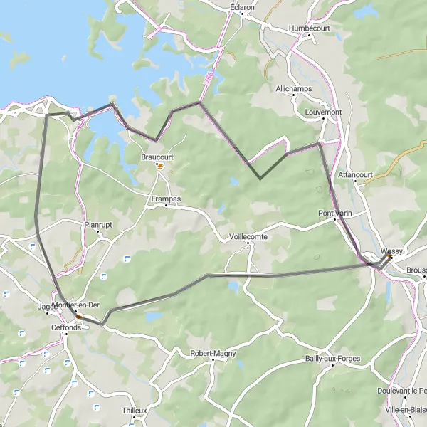 Map miniature of "Wassy and Giffaumont-Champaubert Loop" cycling inspiration in Champagne-Ardenne, France. Generated by Tarmacs.app cycling route planner