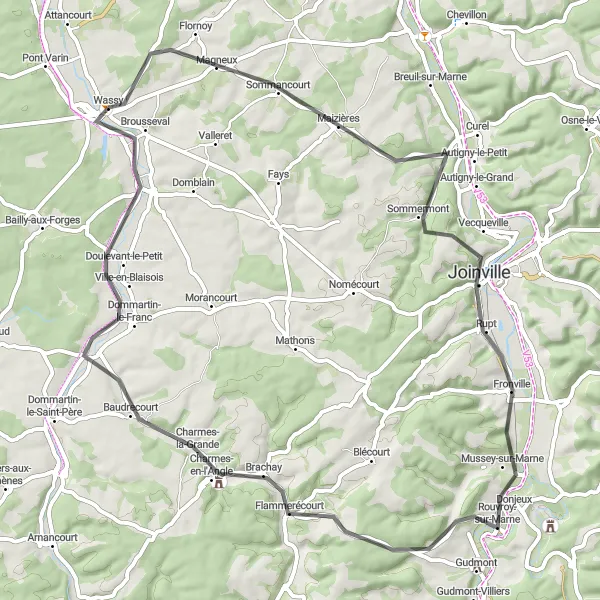 Miniature de la carte de l'inspiration cycliste "Route de 64 km de Wassy à Brousseval" dans la Champagne-Ardenne, France. Générée par le planificateur d'itinéraire cycliste Tarmacs.app