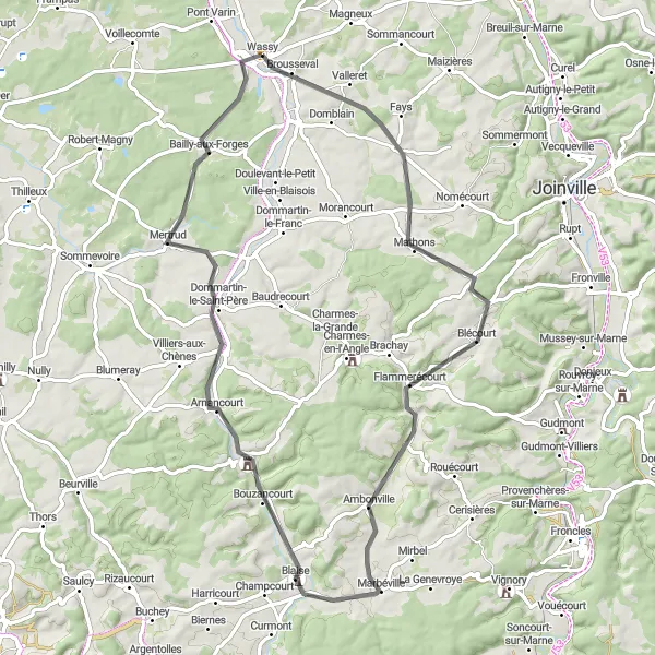 Miniature de la carte de l'inspiration cycliste "Les Charmes de la Champagne" dans la Champagne-Ardenne, France. Générée par le planificateur d'itinéraire cycliste Tarmacs.app