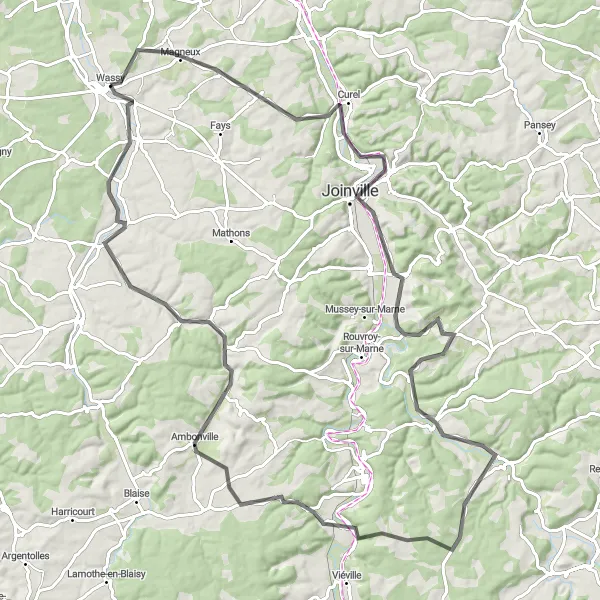 Miniature de la carte de l'inspiration cycliste "Boucle de 105 km avec vue sur Brachay et Brousseval" dans la Champagne-Ardenne, France. Générée par le planificateur d'itinéraire cycliste Tarmacs.app