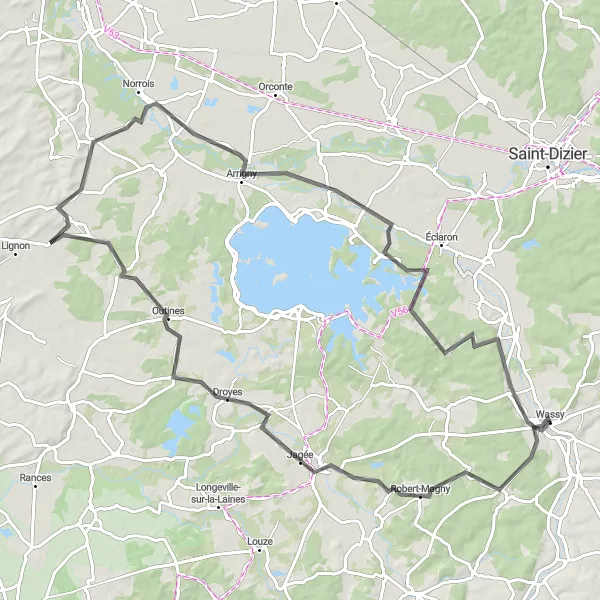 Miniature de la carte de l'inspiration cycliste "Circuit de 94 km de Wassy à Louvemont" dans la Champagne-Ardenne, France. Générée par le planificateur d'itinéraire cycliste Tarmacs.app