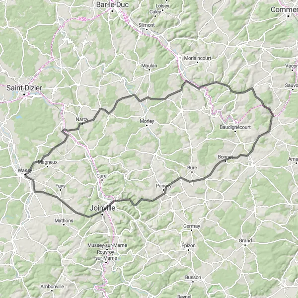 Miniature de la carte de l'inspiration cycliste "Parcours des Sept Villages" dans la Champagne-Ardenne, France. Générée par le planificateur d'itinéraire cycliste Tarmacs.app