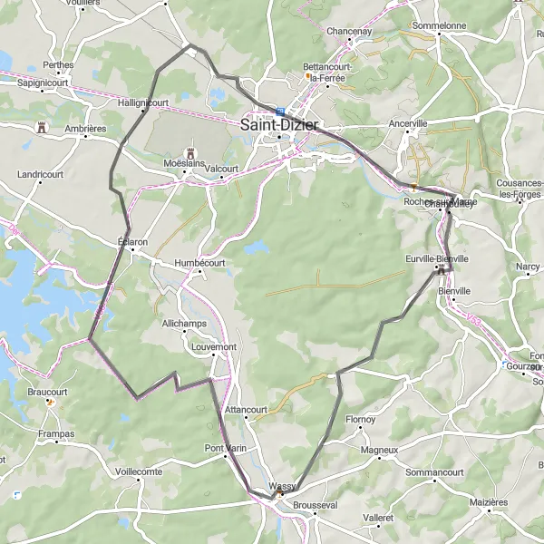 Miniature de la carte de l'inspiration cycliste "Tour de la Haute-Marne" dans la Champagne-Ardenne, France. Générée par le planificateur d'itinéraire cycliste Tarmacs.app