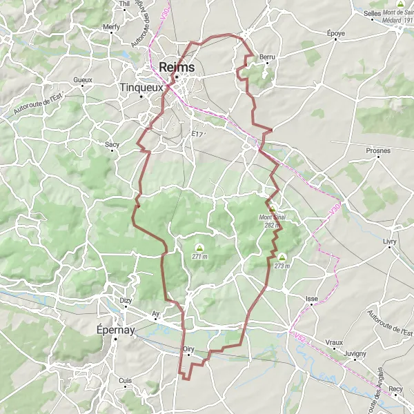 Map miniature of "A Tour of Champagne Vineyards" cycling inspiration in Champagne-Ardenne, France. Generated by Tarmacs.app cycling route planner