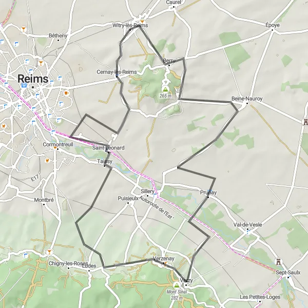 Miniature de la carte de l'inspiration cycliste "Boucle pittoresque de 58 km à vélo dans la région de Reims" dans la Champagne-Ardenne, France. Générée par le planificateur d'itinéraire cycliste Tarmacs.app