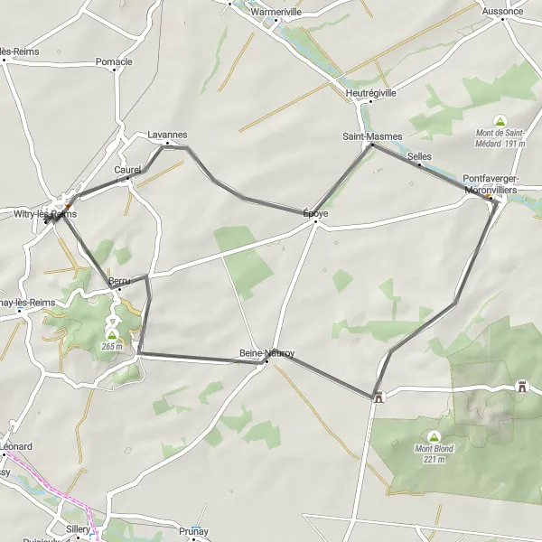 Map miniature of "The Saint-Masmes and Beine-Nauroy Road Loop" cycling inspiration in Champagne-Ardenne, France. Generated by Tarmacs.app cycling route planner