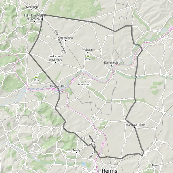 Miniature de la carte de l'inspiration cycliste "Randonnée à vélo panoramique de 89 km dans la Marne" dans la Champagne-Ardenne, France. Générée par le planificateur d'itinéraire cycliste Tarmacs.app