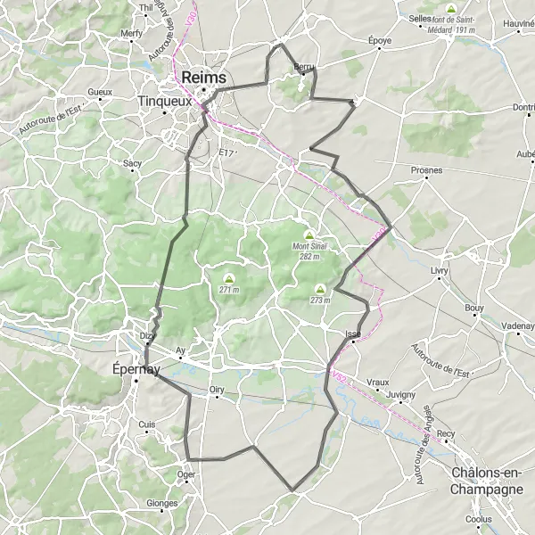 Miniature de la carte de l'inspiration cycliste "Parcours épique de 115 km à vélo dans la campagne champenoise" dans la Champagne-Ardenne, France. Générée par le planificateur d'itinéraire cycliste Tarmacs.app