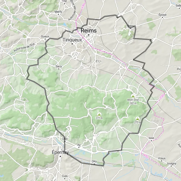 Map miniature of "Champagne Vineyards and Châteaux" cycling inspiration in Champagne-Ardenne, France. Generated by Tarmacs.app cycling route planner