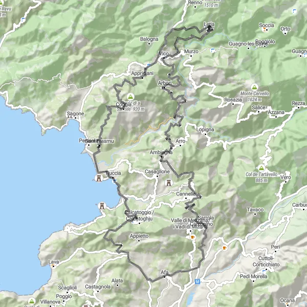 Map miniature of "The Mountainous Odyssey" cycling inspiration in Corse, France. Generated by Tarmacs.app cycling route planner