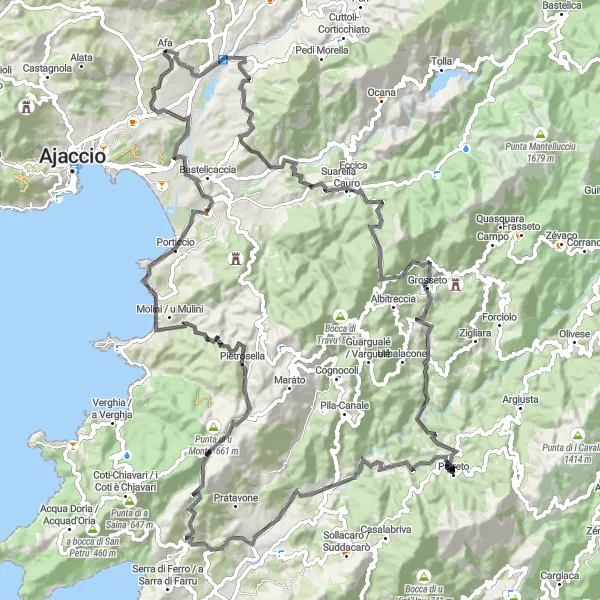 Miniature de la carte de l'inspiration cycliste "Boucle des Vignobles Corses" dans la Corse, France. Générée par le planificateur d'itinéraire cycliste Tarmacs.app