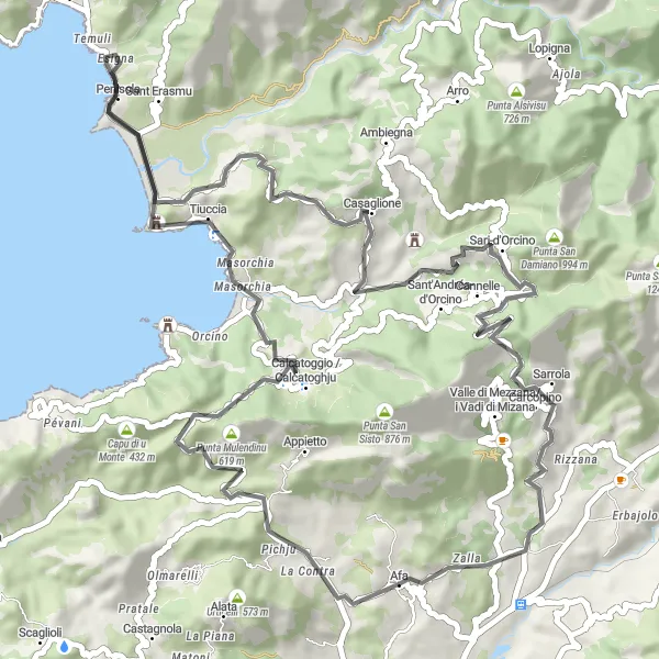 Miniature de la carte de l'inspiration cycliste "Escapade Cycliste: Splendeurs Corses" dans la Corse, France. Générée par le planificateur d'itinéraire cycliste Tarmacs.app
