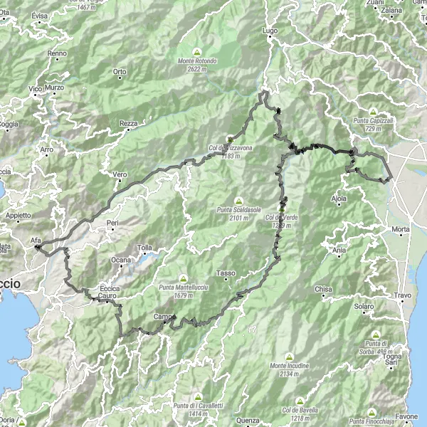 Map miniature of "The Legendary Climbs of Corsica" cycling inspiration in Corse, France. Generated by Tarmacs.app cycling route planner