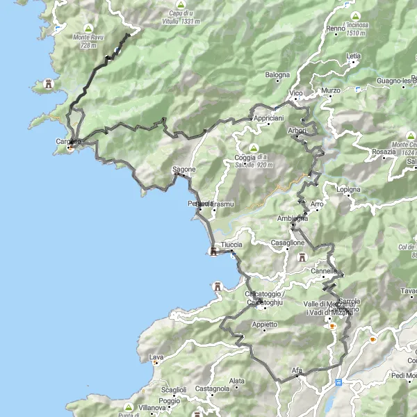 Miniature de la carte de l'inspiration cycliste "Circuit Cycliste: Entre Tradition et Nature Corse" dans la Corse, France. Générée par le planificateur d'itinéraire cycliste Tarmacs.app