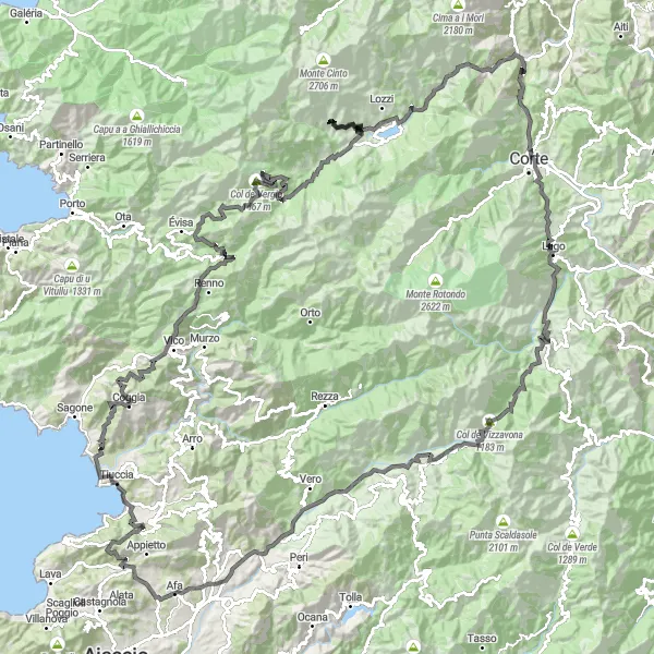 Map miniature of "Corsican Mountain Challenge" cycling inspiration in Corse, France. Generated by Tarmacs.app cycling route planner