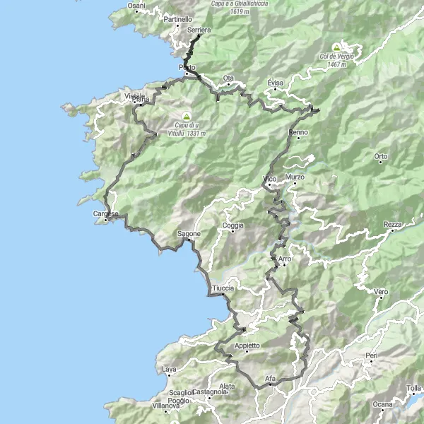 Map miniature of "Coastal Escape" cycling inspiration in Corse, France. Generated by Tarmacs.app cycling route planner