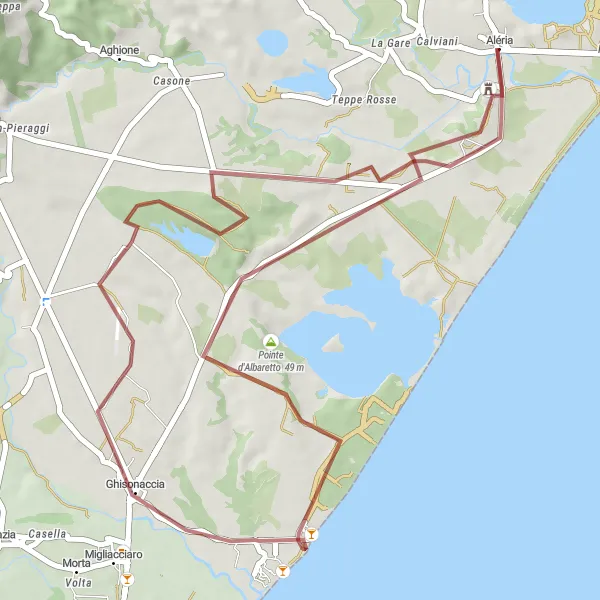 Map miniature of "Gravel Cycling Aléria Adventure" cycling inspiration in Corse, France. Generated by Tarmacs.app cycling route planner