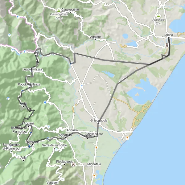 Map miniature of "Aléria - Ghisonaccia - Lugo-di-Nazza - Aléria" cycling inspiration in Corse, France. Generated by Tarmacs.app cycling route planner