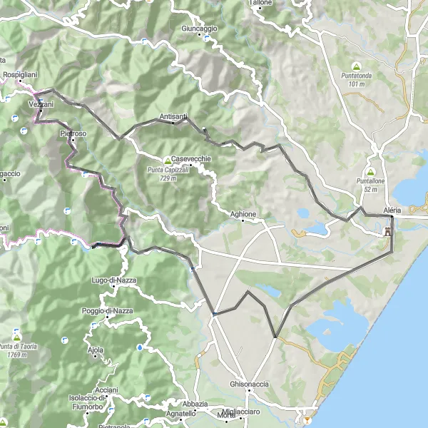 Map miniature of "Road Cycling Mountain Escape" cycling inspiration in Corse, France. Generated by Tarmacs.app cycling route planner