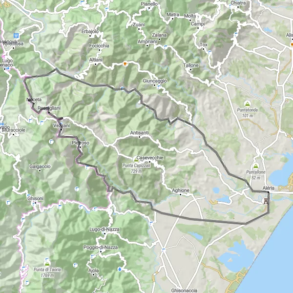 Miniature de la carte de l'inspiration cycliste "Boucle autour de Pietroso" dans la Corse, France. Générée par le planificateur d'itinéraire cycliste Tarmacs.app