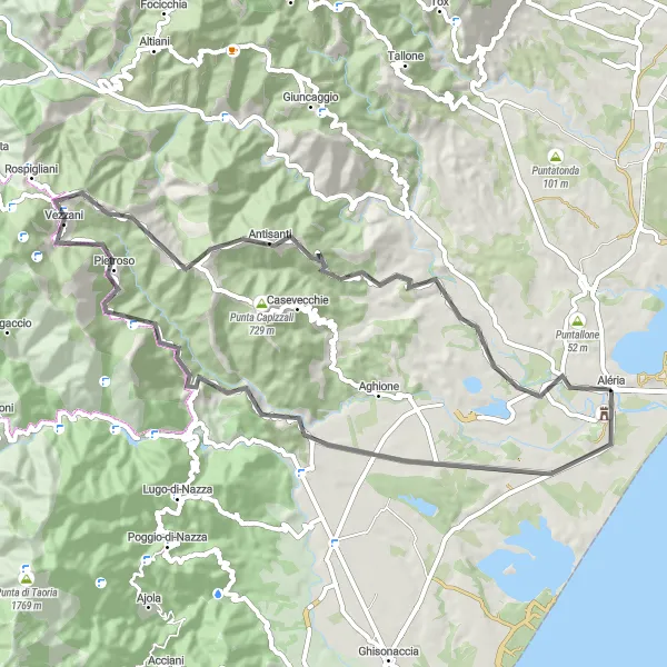 Miniature de la carte de l'inspiration cycliste "Tour du Fort de Matra" dans la Corse, France. Générée par le planificateur d'itinéraire cycliste Tarmacs.app