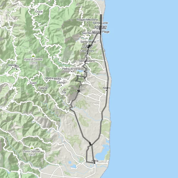 Map miniature of "Aléria to Punta Rossa Loop" cycling inspiration in Corse, France. Generated by Tarmacs.app cycling route planner