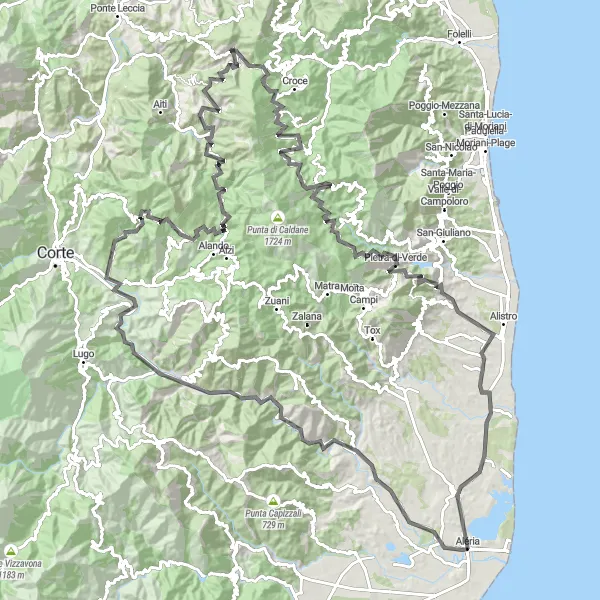 Map miniature of "Road Cycling Aléria Loop" cycling inspiration in Corse, France. Generated by Tarmacs.app cycling route planner