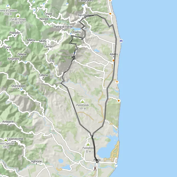 Miniature de la carte de l'inspiration cycliste "Circuit des Pointes Corses" dans la Corse, France. Générée par le planificateur d'itinéraire cycliste Tarmacs.app