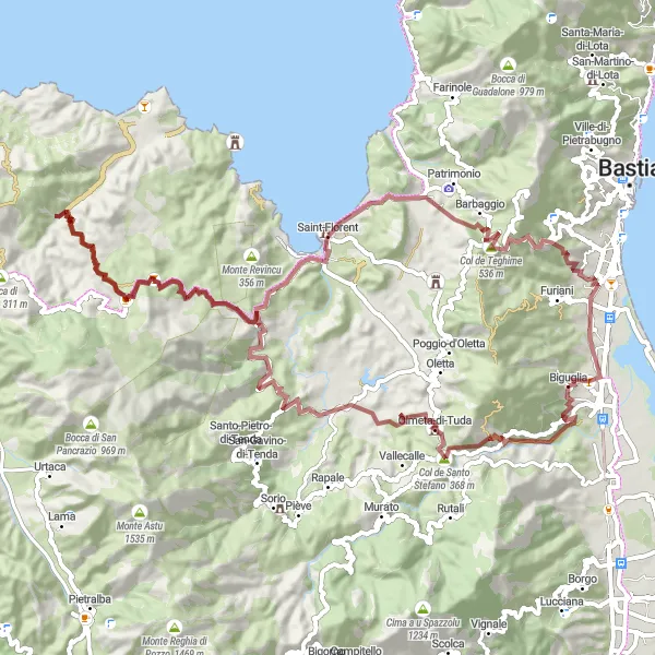 Map miniature of "Challenging Gravel Ride to Monte Guppio" cycling inspiration in Corse, France. Generated by Tarmacs.app cycling route planner