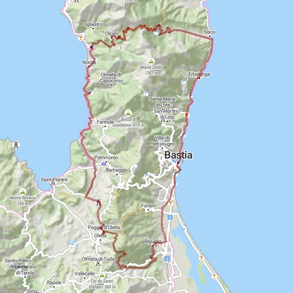 Miniature de la carte de l'inspiration cycliste "Aventure Gravel en Corse" dans la Corse, France. Générée par le planificateur d'itinéraire cycliste Tarmacs.app