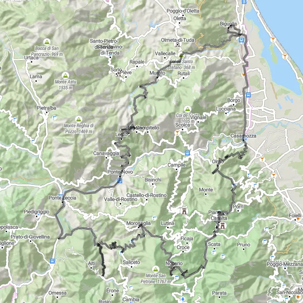 Map miniature of "Biguglia to Ponte-Novu" cycling inspiration in Corse, France. Generated by Tarmacs.app cycling route planner