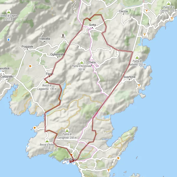 Miniature de la carte de l'inspiration cycliste "Parcours de gravel vers Monte Corbu" dans la Corse, France. Générée par le planificateur d'itinéraire cycliste Tarmacs.app