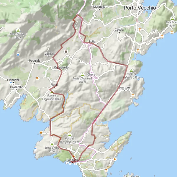 Miniature de la carte de l'inspiration cycliste "Circuit de la Côte de Bonifacio" dans la Corse, France. Générée par le planificateur d'itinéraire cycliste Tarmacs.app