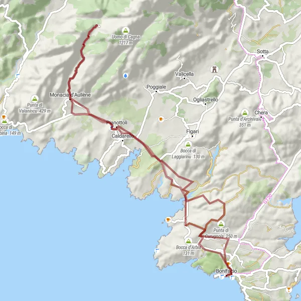Miniature de la carte de l'inspiration cycliste "Parcours gravel de 70 km autour de Bonifacio" dans la Corse, France. Générée par le planificateur d'itinéraire cycliste Tarmacs.app