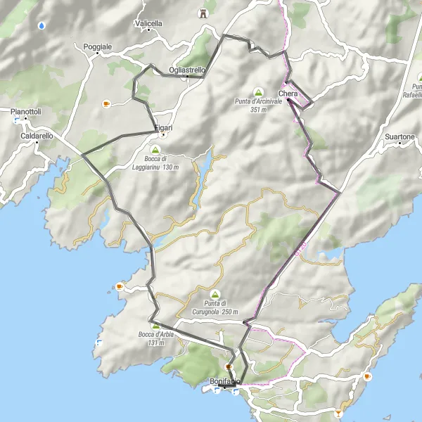 Miniature de la carte de l'inspiration cycliste "Boucle de Bonifacio à travers Mont de la Trinité" dans la Corse, France. Générée par le planificateur d'itinéraire cycliste Tarmacs.app