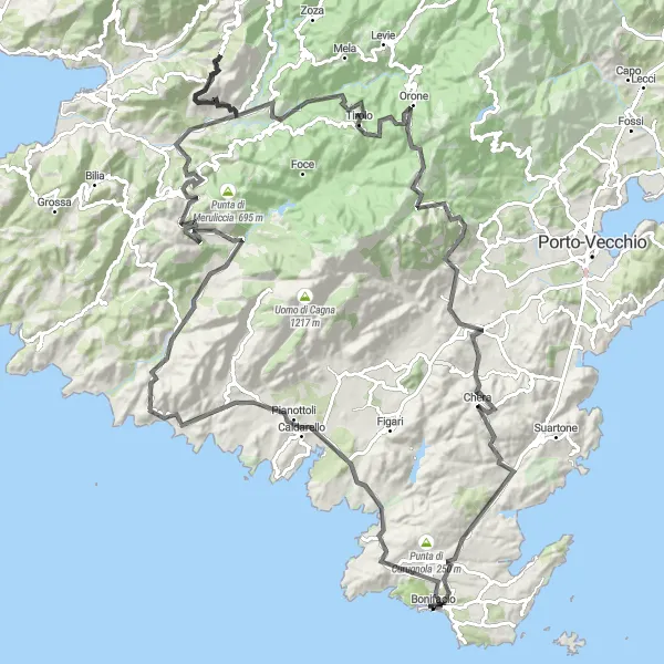 Miniature de la carte de l'inspiration cycliste "Escapade à Pianottoli" dans la Corse, France. Générée par le planificateur d'itinéraire cycliste Tarmacs.app