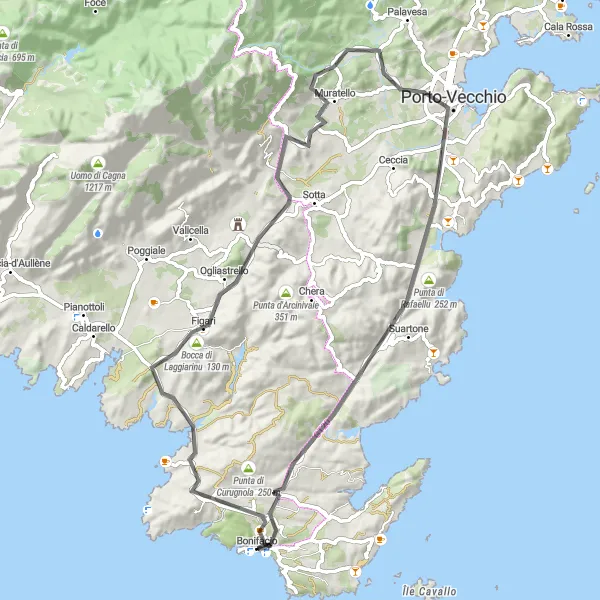 Miniature de la carte de l'inspiration cycliste "Boucle à vélo autour de Bonifacio" dans la Corse, France. Générée par le planificateur d'itinéraire cycliste Tarmacs.app