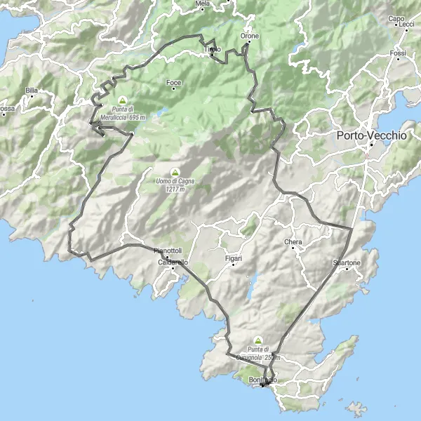 Miniature de la carte de l'inspiration cycliste "Route panoramique vers Bonifacio" dans la Corse, France. Générée par le planificateur d'itinéraire cycliste Tarmacs.app